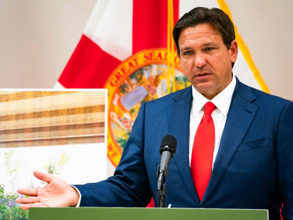 Gov. Ron DeSantis speaks during a press conference at the FGCU Kapnick Education and Research Center in Naples on Tuesday, April 23, 2024